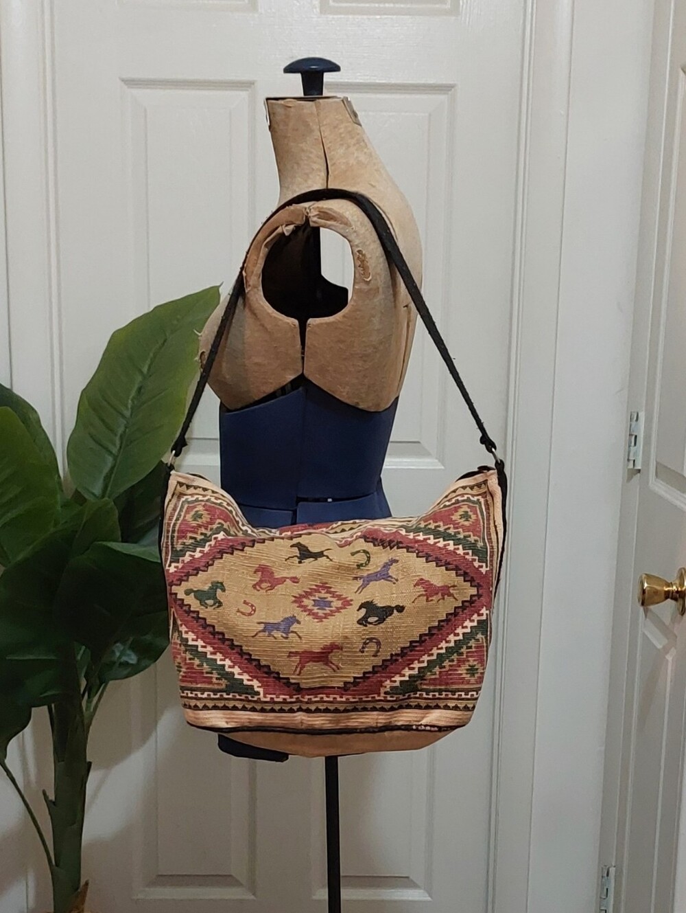 Vintage Horse Print Multicolor Woven Shoulder Bag - Red, Tan, Black Accents